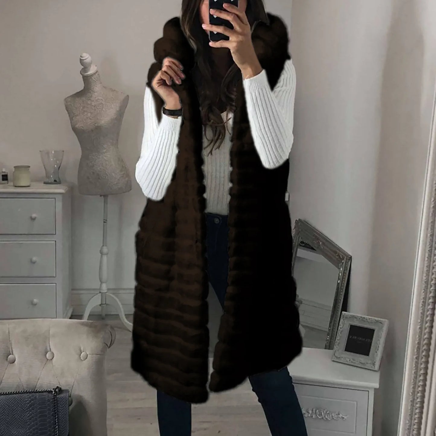 Autumn Winter Faux Sleeveless Hooded Vest Overcoat For Women Warm Open Front Soft Jacket Comfortable Temperament Streetwears