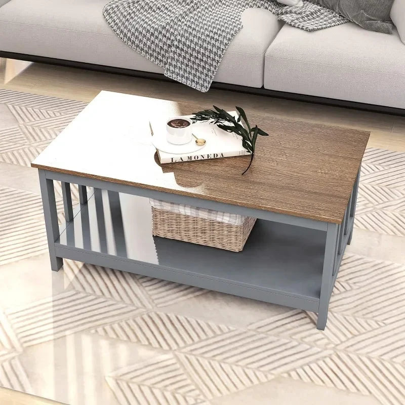 ChooChoo Farmhouse Coffee Table, Grey Living Room Table with Shelf, 40 Inch