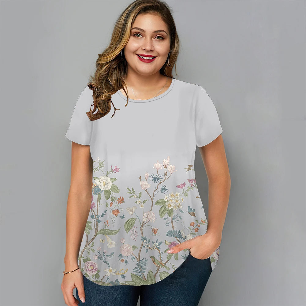 Plus Size Women'S T-Shirt Fashion Flower Short Sleeve Tee Loose Casual Female Clothing Street O Neck Summer T Shirt Ladies Tops