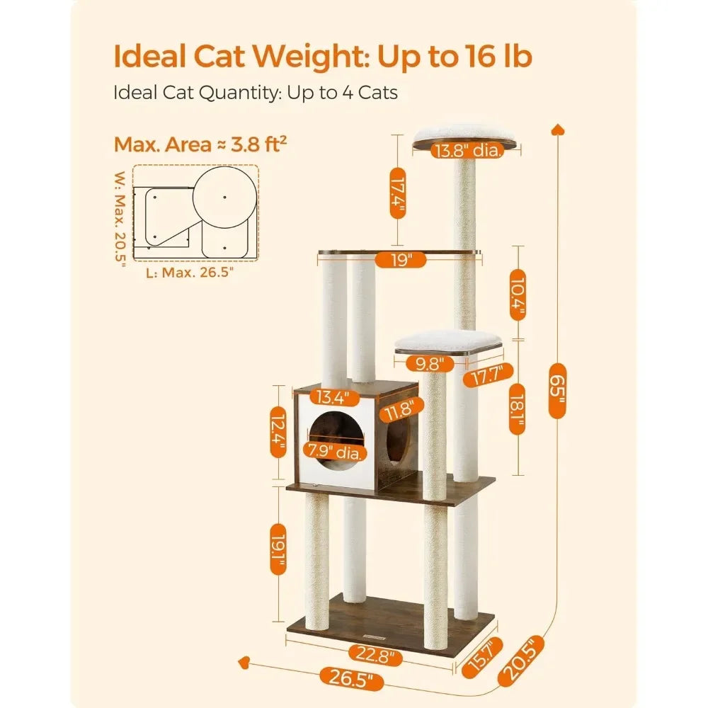 Tree for Cats 65-Inch Modern Cat Tower for Indoor Cats Multi-Level Cat Condo With 5 Scratching Posts Washable Removable Cushions