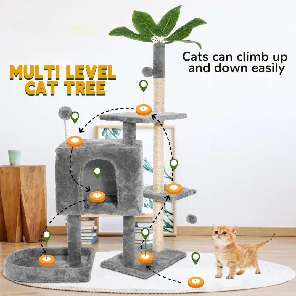 52" Cat Tree Cat Tower for Indoor Cats with Green Leaves, Multi-Level Cozy Plush Cat Condo Cats House