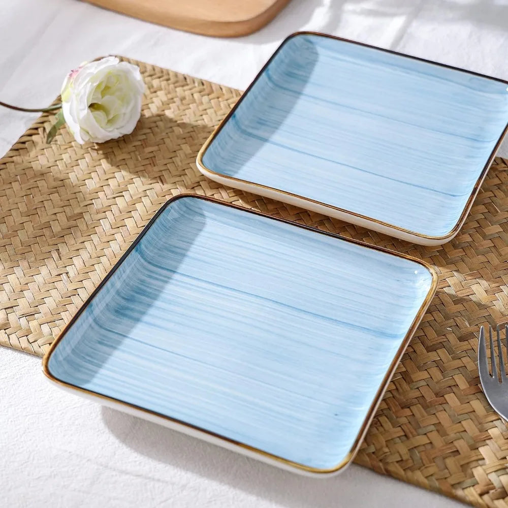 Kitchen Dishes 32 Pieces Square Light Blue Brushed Design Dish Service for 8 Dinner Plates Set Food Plate Complete Tableware Bar