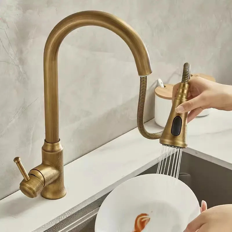 Tuqiu Antique Pull Out Kitchen Faucet Brass Sink Faucet Mixer Tap 360 degree rotation torneira cozinha mixer taps Kitchen Tap