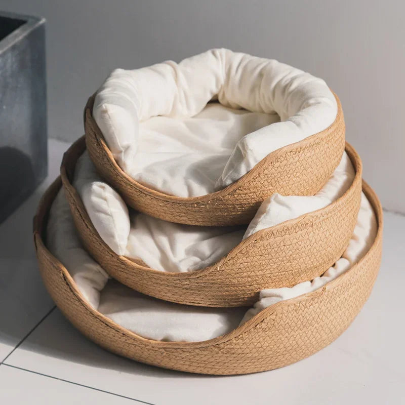 Four Season Cozy Nest Baskets Sleeping Bag Soft Cat Kennel Dog Beds Bamboo Weaving Waterproof Removable Cushion Design Pet Beds