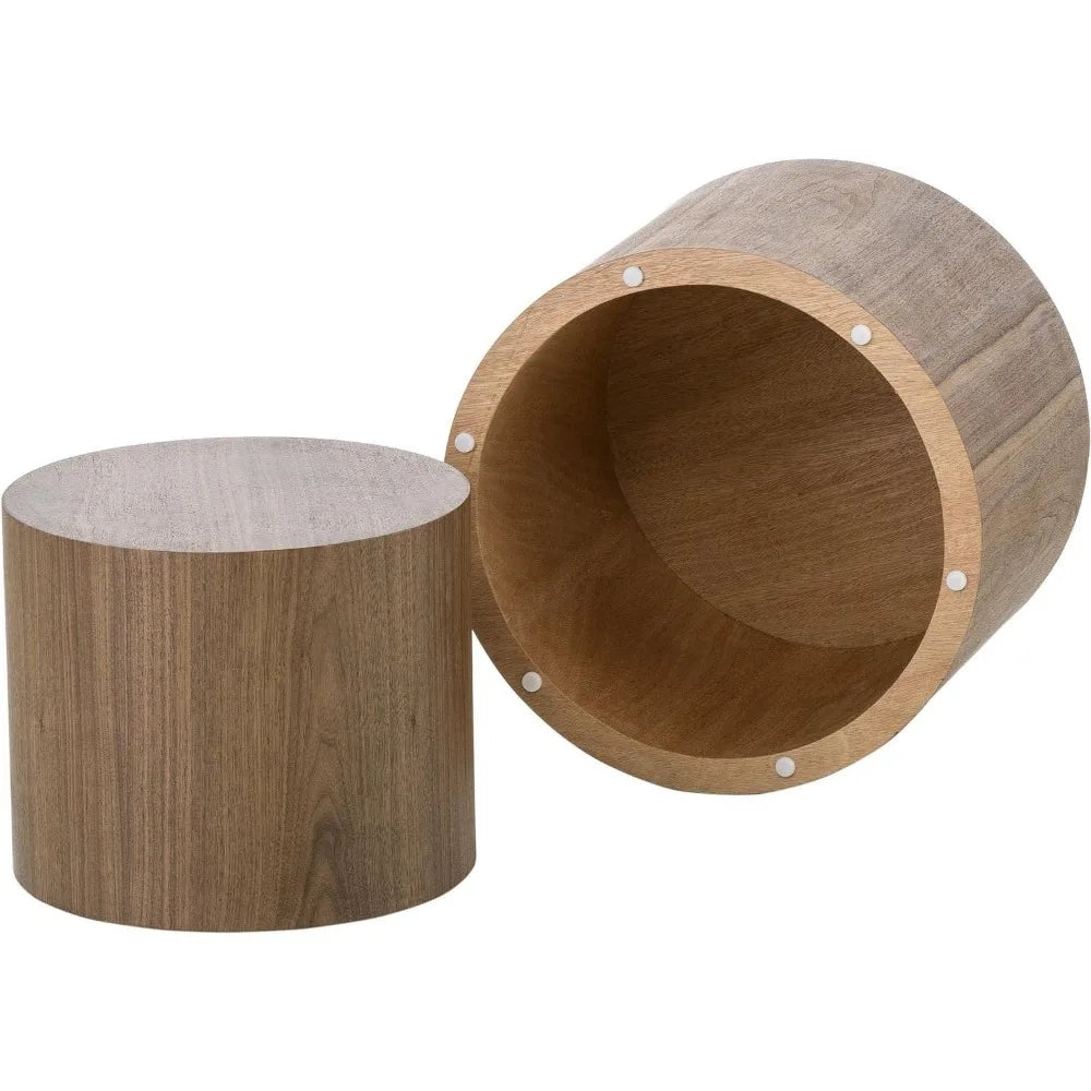 Nesting Coffee Table Set of 2, Walnut Round Wooden Coffee Tables Modern Circle Table for Small Space Living Room