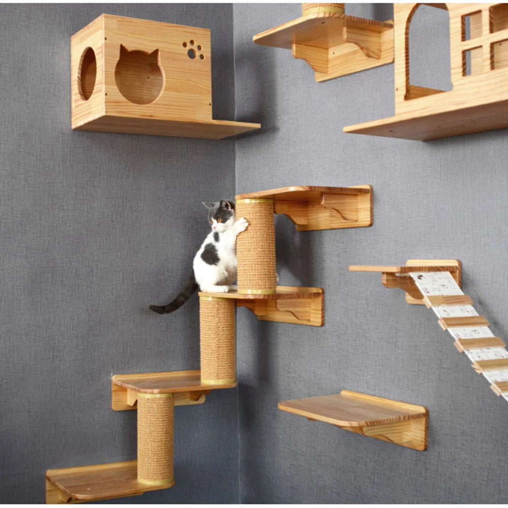 Cat Wall Climbing Shelves Wall Mounted Hammock Cat Scratching Post Wooden Stairway Shelves with Sisal Rope Ladder Wall Cat Tree