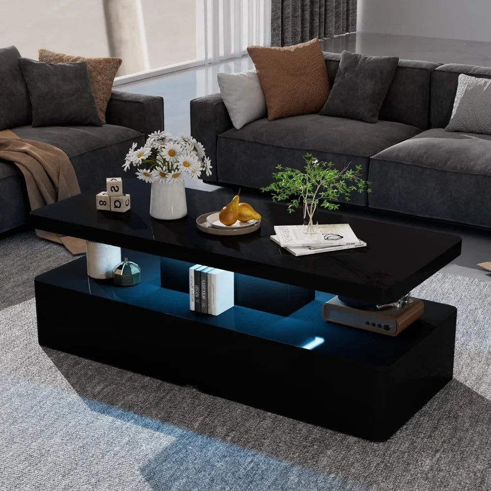 oneinmil Modern Stylish Coffee Table with 16 Colors LED Lights, Double-Layer Design for Living Room, Black