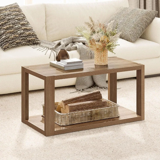 Farmhouse Wood Coffee Table - Boho Table with Storage Shelf, Rectangle Center Wood Look Accent Table,2Tier Sofa Side Table
