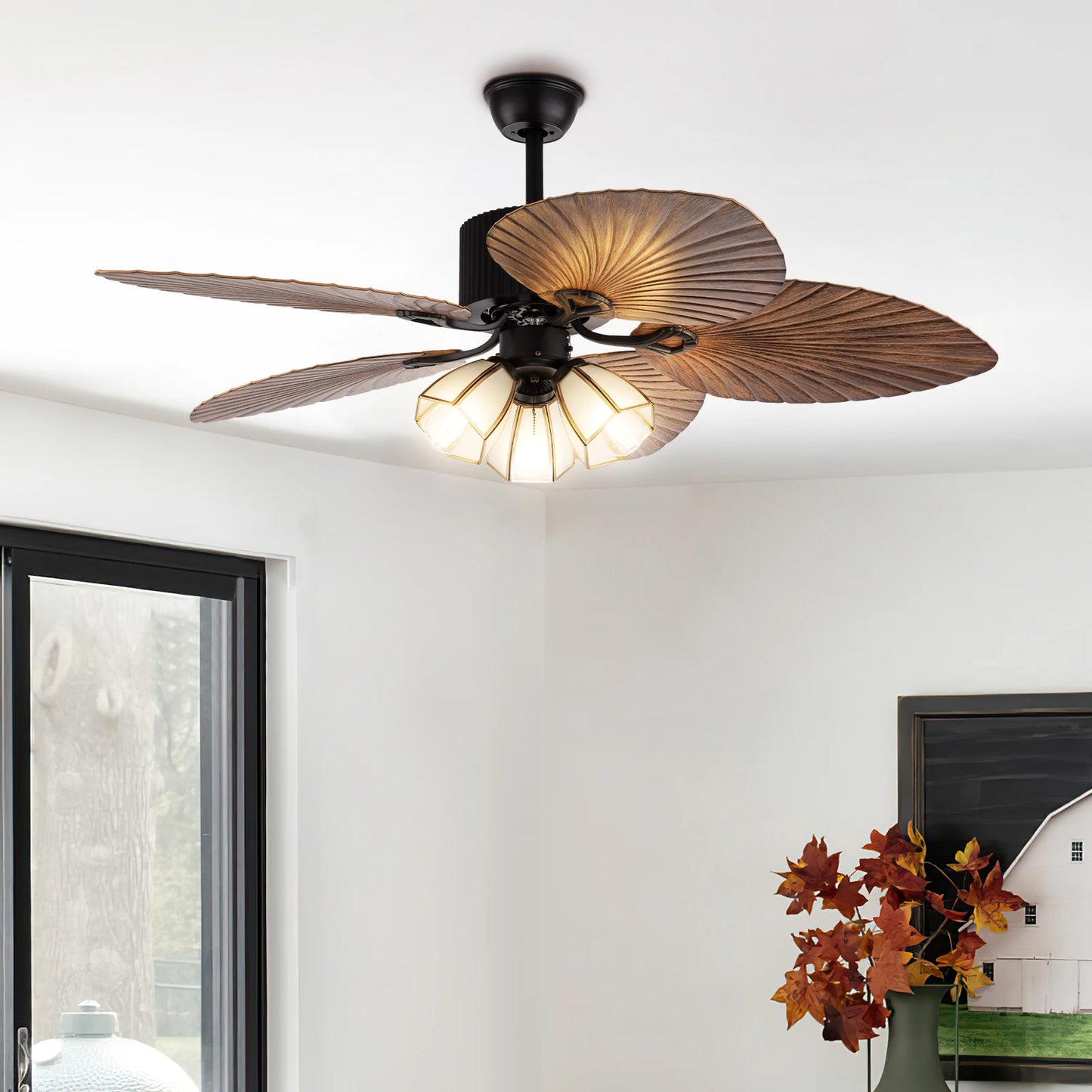 Tropical Ceiling Fan with Light LED Reversible Room Decor 52" Fan Lamp Hall Chandelier Living Room with Remote Control Low-noise