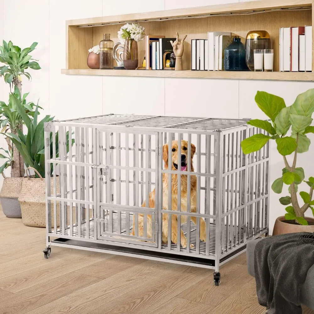 RyBuy 48" Stackable Heavy Duty Dog Crate Pet Stainless Steel Kennel Cage for Large Dogs with Tray in-Door Foldable & Portable