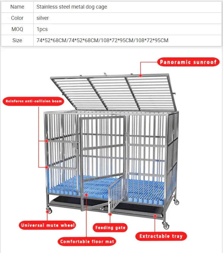 Heavy Duty Rolling Dog Veterinary Cages Stainless Steel Metal Dog Kennels Large For Dogs Pet Cages