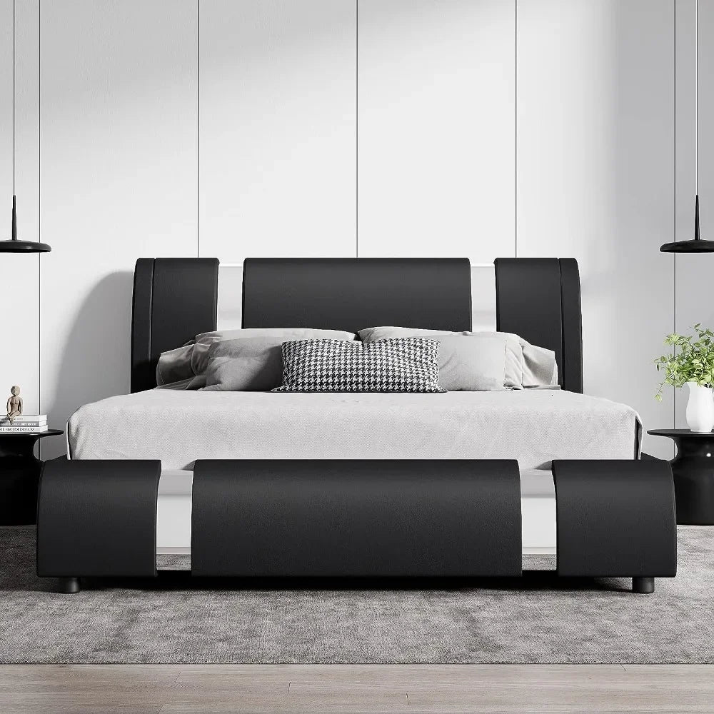 Modern faux leather queen bed frame with adjustable headboard and wrought iron trim, luxuriously upholstered platform bed