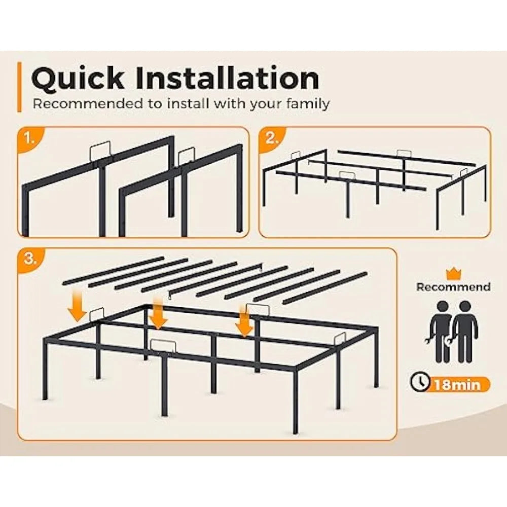 King Size Bed Frame,Heavy Duty Steel Platform Bed Frames with Mattress Retainer Bar,14 Inch Storage Space Beneath Bed,Noise Free