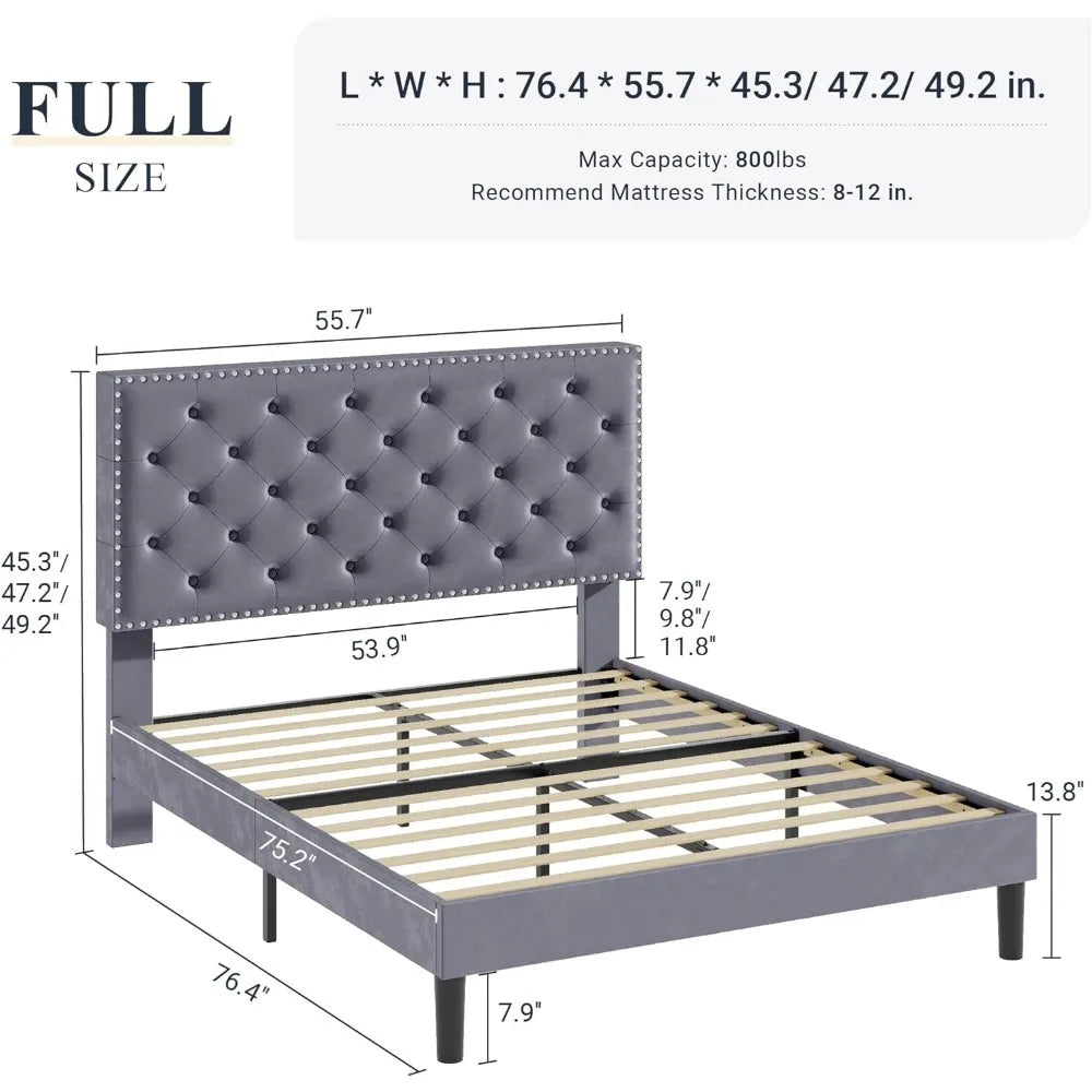 Bedroom furniture full bed frame, velvet upholstered platform bed, no springs required, light grey