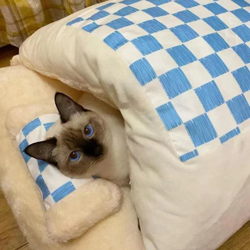 Cute Cat Bed Warm Cat Sleeping Bag Deep Sleep Cave Winter Detachable Pet House Bed for Cats Dogs Nest Pillow with Pillow