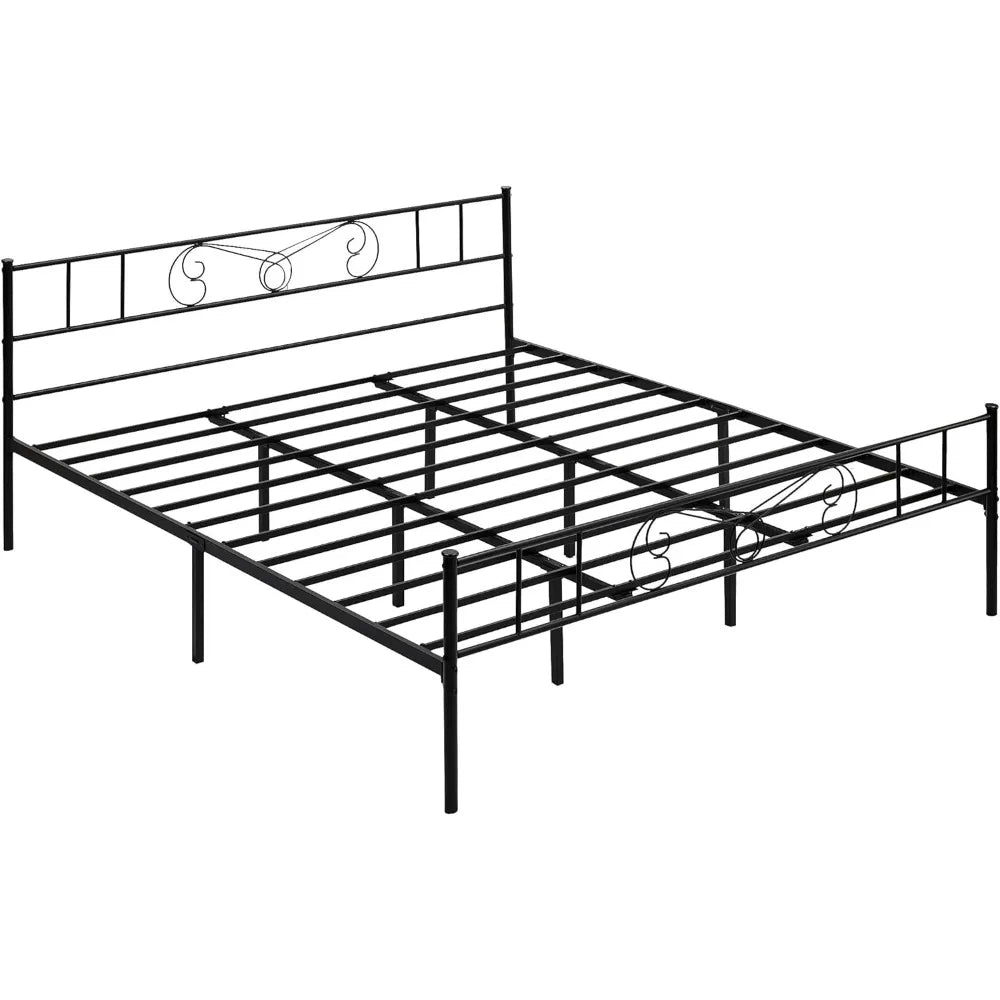 King Size Bed Frame with Headboard and Footboard, Metal Bed Mattress Foundation, King Bed Frame with Storage