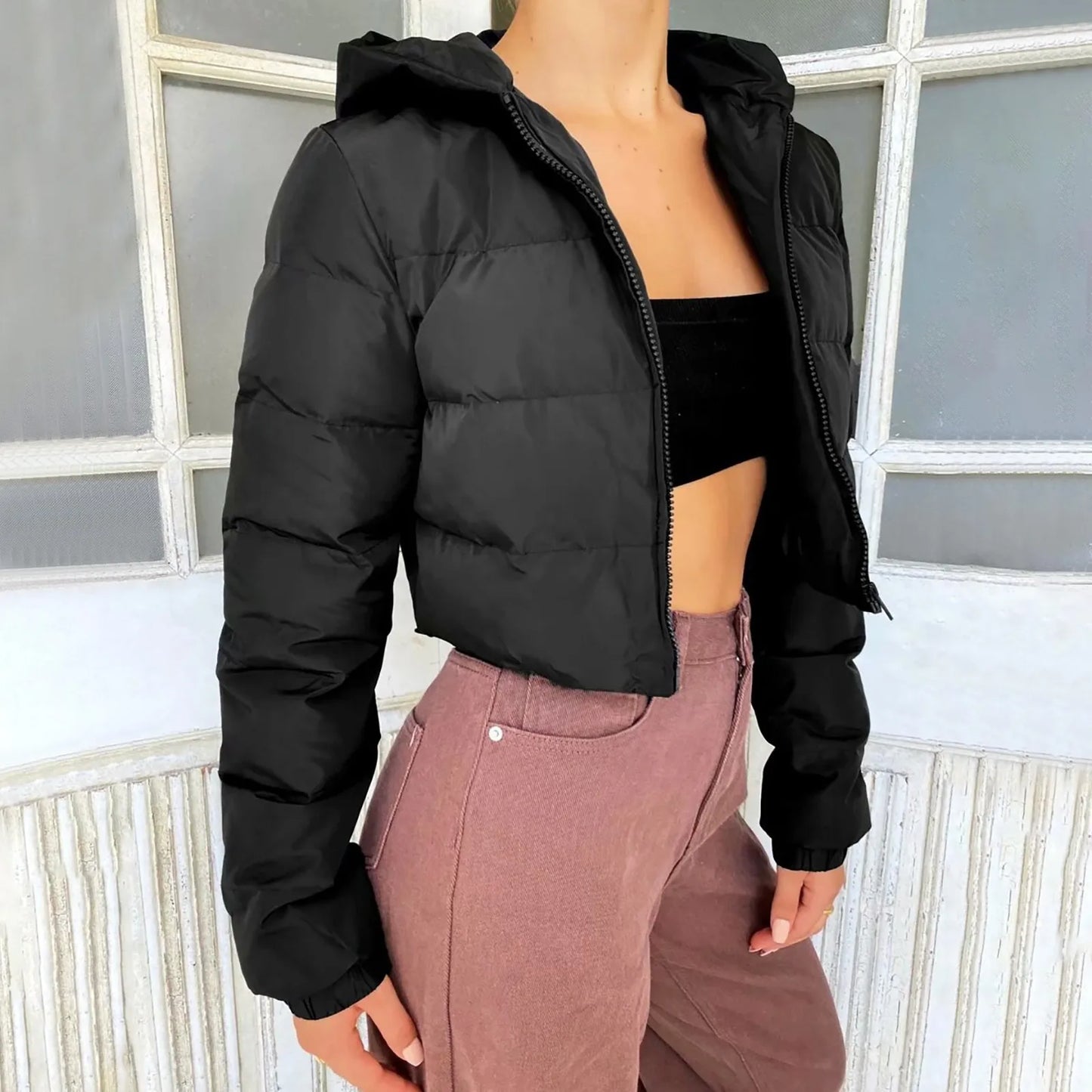 Bubble Puffer Winter Warm Hooded Jacket Women Fashion Y2K Cropped Coats Long Sleeve Outerwear Zipper Casual Parkas Padded Coat