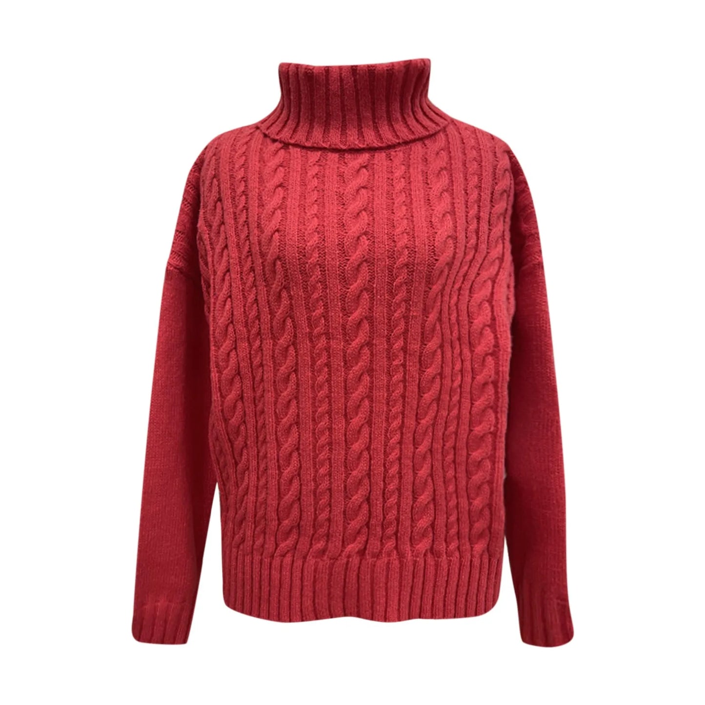 Christmas Autumn Winter Women Turtleneck Sweater Loose Short Elegant Warm Knitted Pullovers Fashion Solid Red Knitwear Jumper