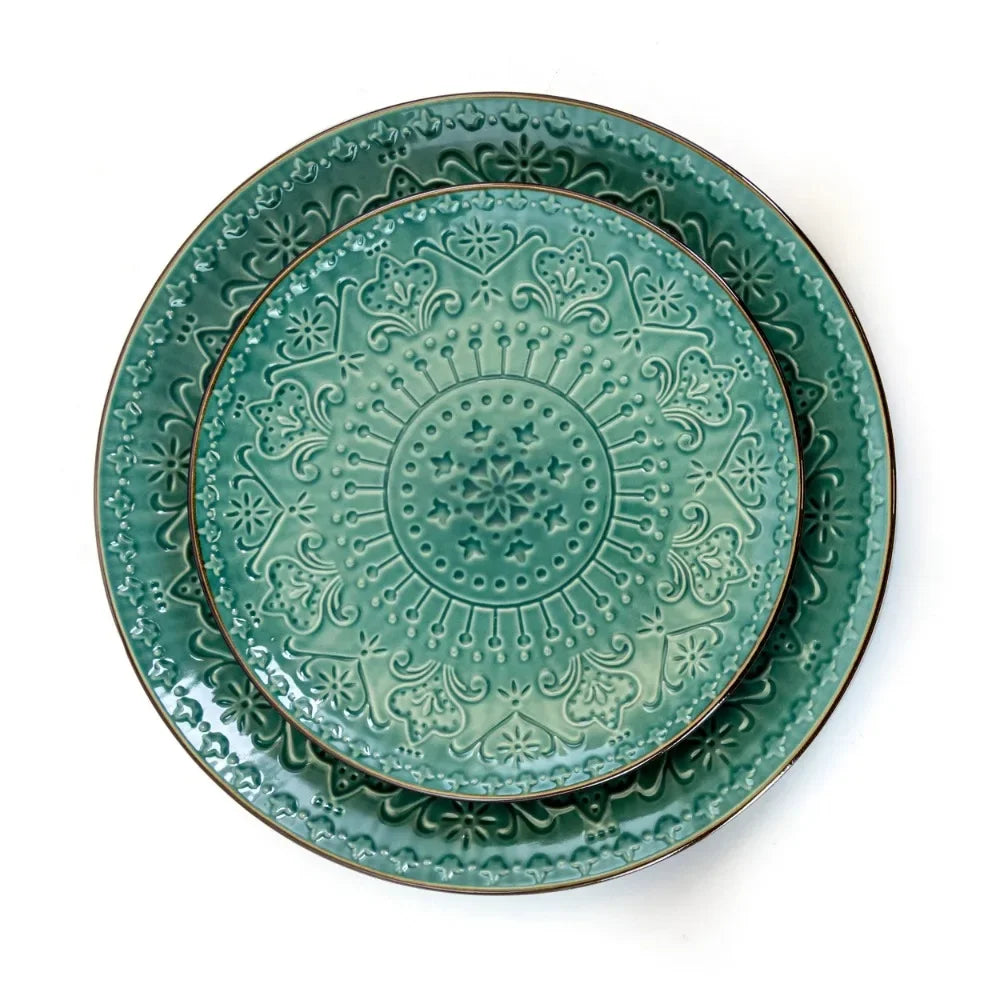 Dinner Plate Set Free Shipping 16 Piece Round Stoneware Dinnerware Set in Sea Green Restaurant Plates Ceramic Dishes to Eat Dish