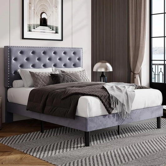 Bedroom furniture full bed frame, velvet upholstered platform bed, no springs required, light grey