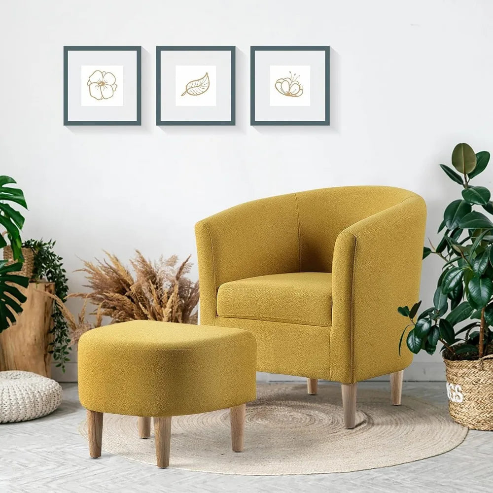 Modern Accent Chair, Upholstered Arm Chair Linen Fabric Single Sofa Chair with Ottoman Foot Rest Mustard Yellow Comfy Armchair