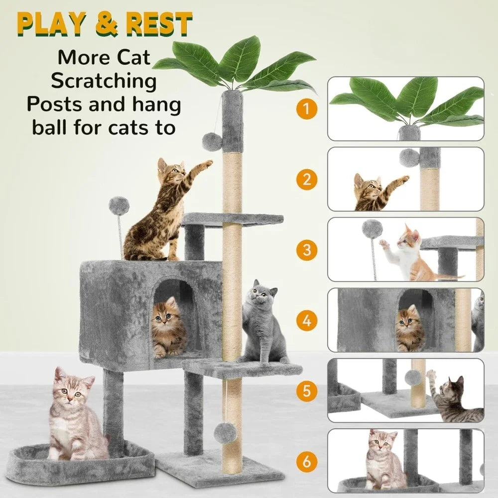 52" Cat Tree Cat Tower for Indoor Cats with Green Leaves, Multi-Level Cozy Plush Cat Condo Cats House