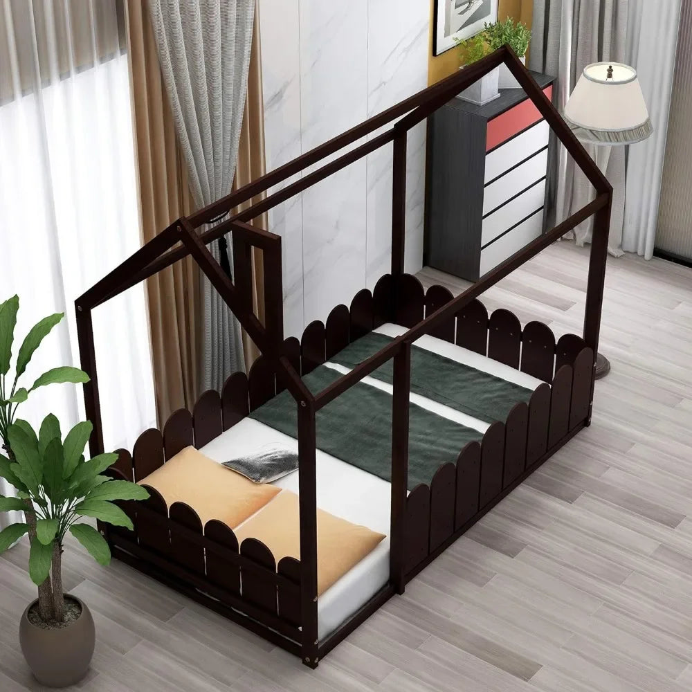 Kids Twin Size Family Bed Frame Platform Bed with Fence for Boy or Girl with Spring Box Required