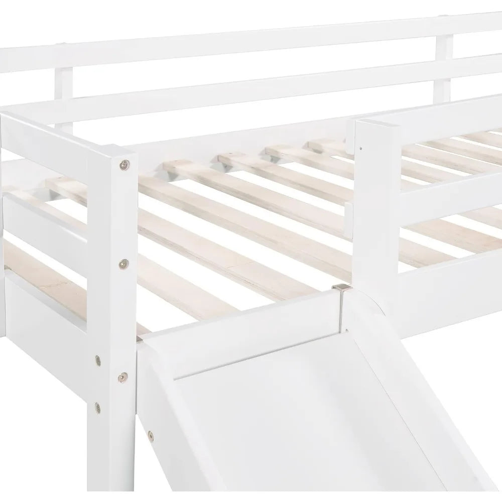 Wooden Single Bed Frame for Children with Slide, Space-saving Wooden Bed Frame for Children for Boys or Girls, White