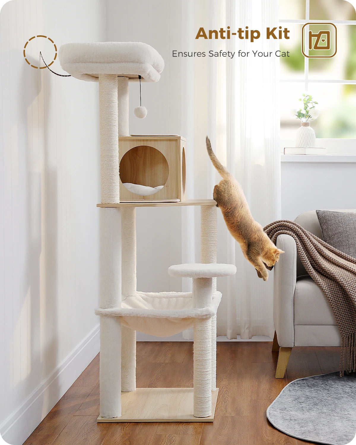 Multi-Level Cat Tree Condo with Sisal Scratching Posts Wood Cat Tree for Indoor with Cozy Condo Super Large Hammock Plush Perch