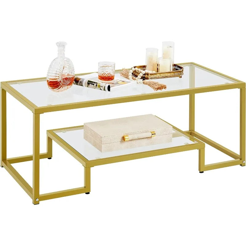 Gold Coffee Table, 42" Rectangular Glass Coffee Table for Living Room, 2-Tier Center Tea Table with Metal Frame for Small Space