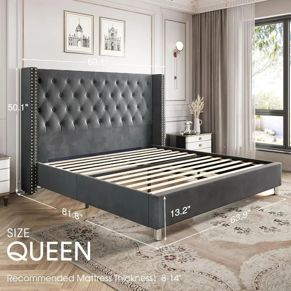 Velvet Platform Bed Tufted Upholstered Platform Bed Frame with Sturdy Wooden Slats, No Springs Required, Easy To Assemble