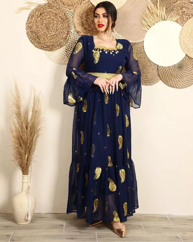 2022 Spring Chiffon Embroidered Band Belt Dress Summer Women's Clothing Sexy Long Maxi Loose Muslim Abaya Long Sleeve