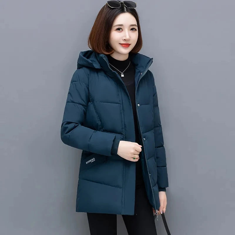 Mid-Length Down Cotton Coat Womens 2023 New Winter Jacket Female Hooded Cotton-padded Parkas Coat Zipper Cotton Outwear Mom Coat