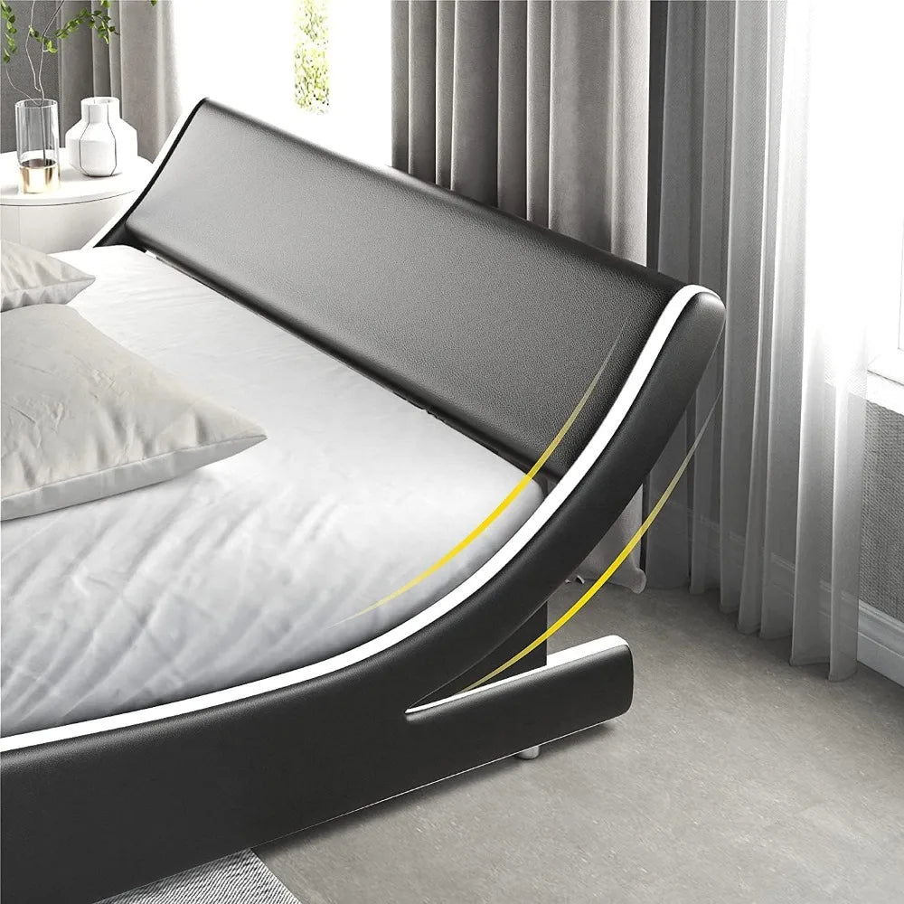 Bed, equipped with synthetic leather headboard, easy to assemble, padded large platform bed frame, modern slim sled bed