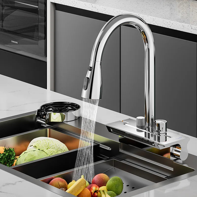 Rain Waterfall Kitchen Faucet Kitchen Sink Washing Pool Tap Single Hole Pull Out Temperature Digital Display Bathroom Faucet