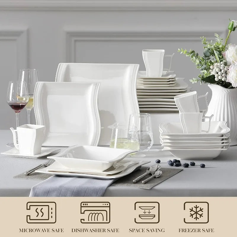 Porcelain Dinnerware Sets, Modern Square Dinner Set Plates and Bowls for Dessert, Salad and Pasta, Cup and Saucer Set