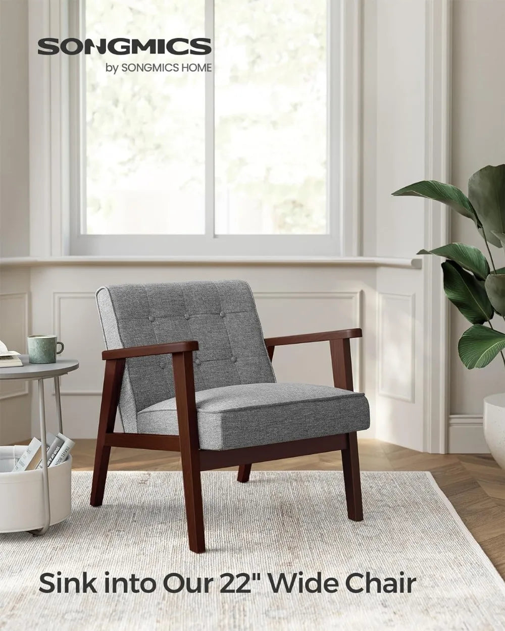 SONGMICS Accent Leisure Chair, Mid-Century Modern Arm Chair with Solid Wood Armrests and Legs, 1-Seat Cushioned Sofa