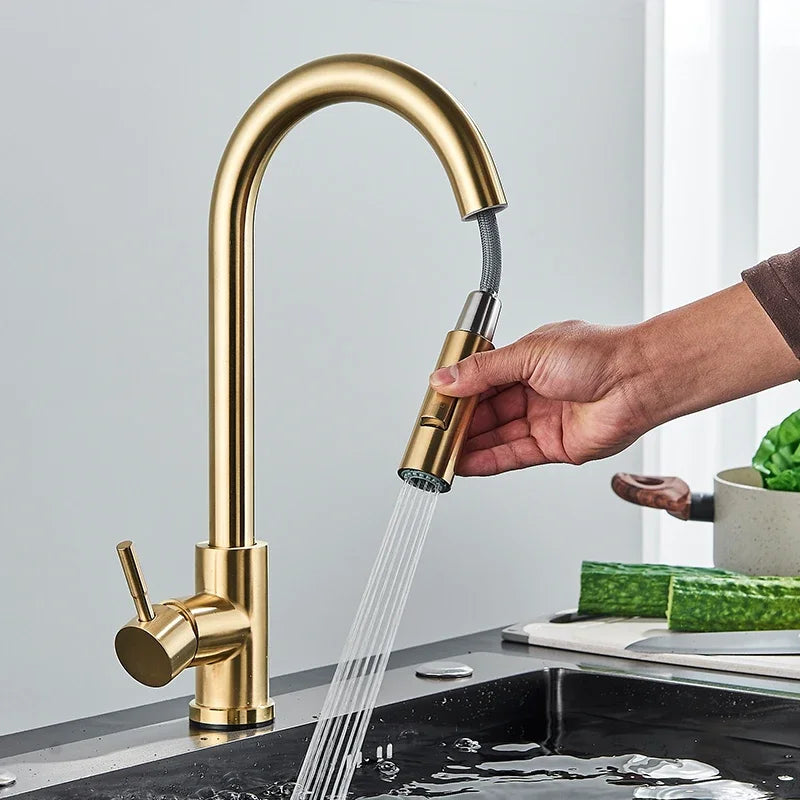 Gold Kitchen Faucet Pull Out Kitchen Sink Water Tap Single Handle Mixer Tap 360 Rotation Kitchen Shower Faucet