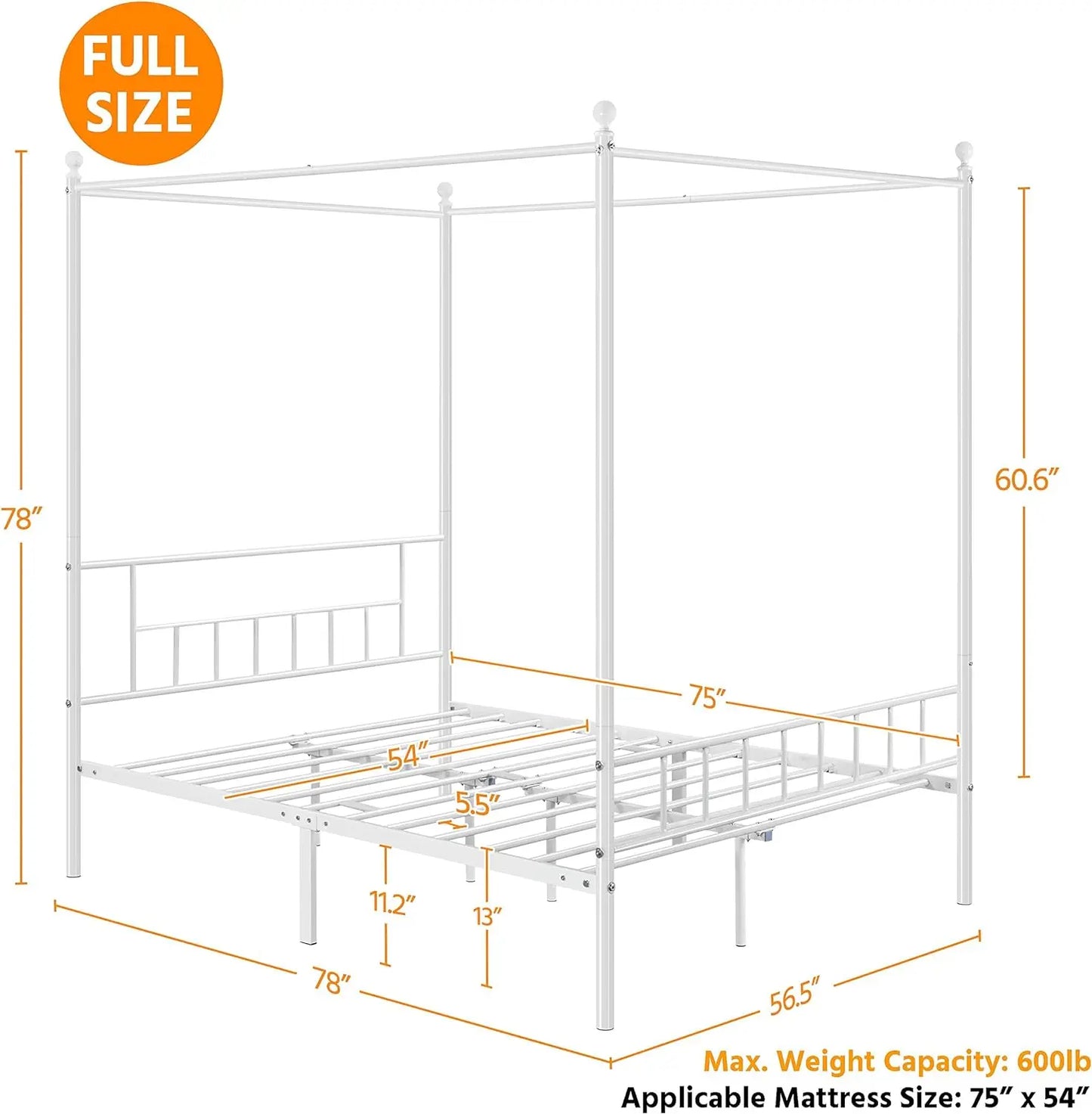 Canopy Bed Frames Platform Bed Frame Four-Poster Canopied Bed Mattress Foundation with Headboard and Sturdy Slatted Structure