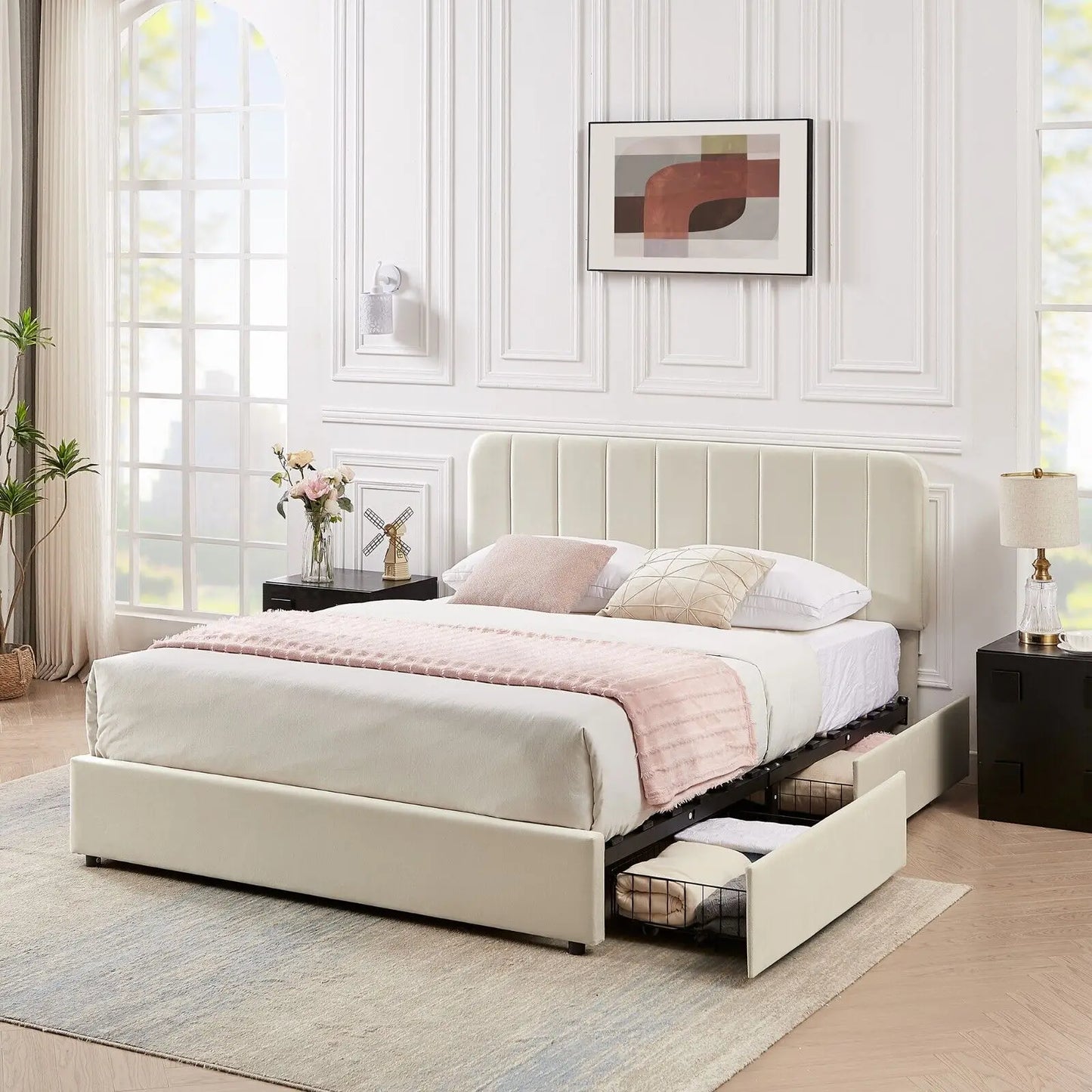 Upholstered Bed Frame + 4 Storage Drawer Platform Queen Size with Headboard for indoor bedroom furniture