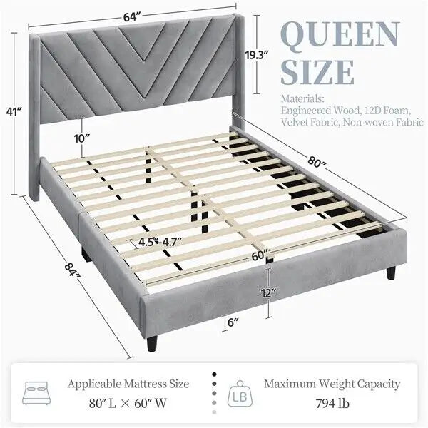 Twin/Full/Queen Upholstered Bed Frame with Wooden Slat Support and Wing Side, Metal Platform w/Upholstered Headboard Footboard