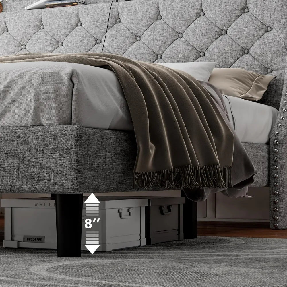 King Bed Frame with Luxury Wingback Upholstered Button Tufted Storage Headboard, King Platform Bed with Charging Station