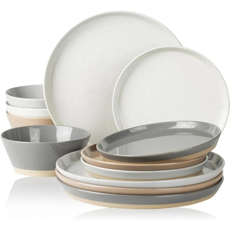 Saturn Dinnerware Sets, 12 Piece Dish Set, Plates and Bowls Sets for 4, White