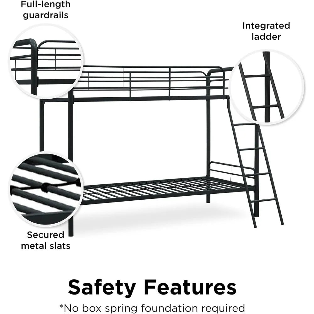 Twin-Over-Twin Bunk Bed with Metal Frame and Ladder, Space-Saving Design, Black