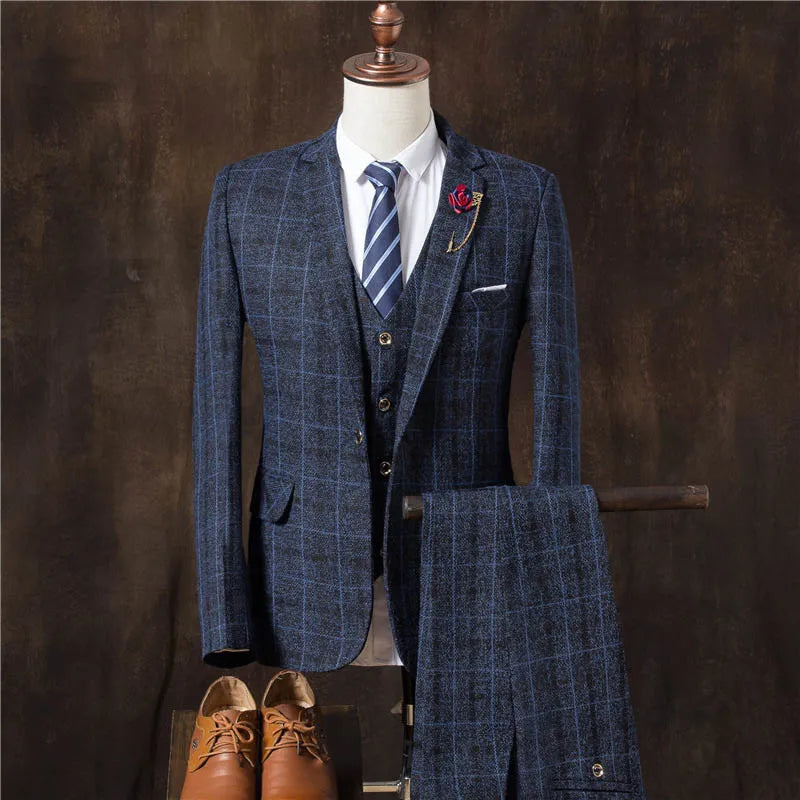 Men Business Formal Slim Fit Wedding Prom Suits Male Boutique Plaid Design Groom Dress Blazers Jacket Pants Vest 3 Pieces Set