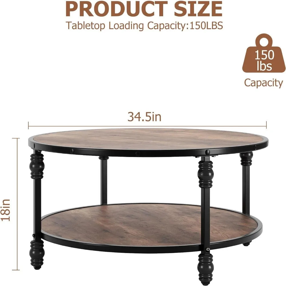 Round Coffee Table Living Room 34.25in Rustic Circle Center Table With Storage Shelf 2-Tier Modern Wood Coffee Table Side Home