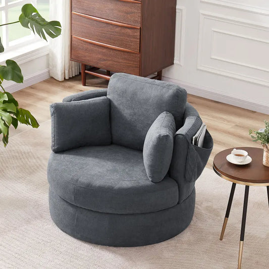 Dark Grey Swivel Accent Barrel Modern Sofa Lounge Club Round Chair Linen Fabric for Living Room Hotel with 3 Pillows and storage