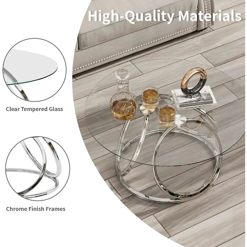 Round Coffee Table, Modern Silver Coffee Table Living Room Table with Ring-Shaped Frames, for Home&Office, Chrome Finish