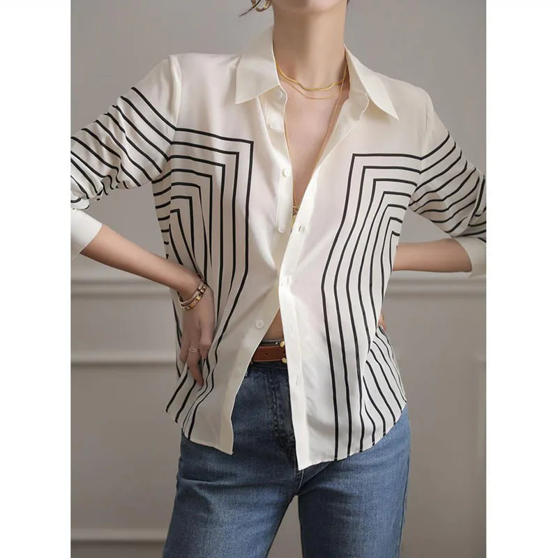 Fashion Printed Lapel Button Loose Striped Shirt Women's Clothing 2022 Autumn New Casual Tops All-match Office Lady Blouse