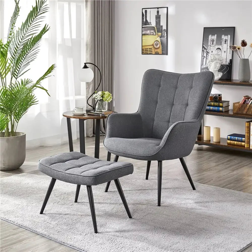 Lounge Chair, Mid-Century Modern Fabric Wingback Accent Chair with Ottoman, Gray Living Room Guest Chairs